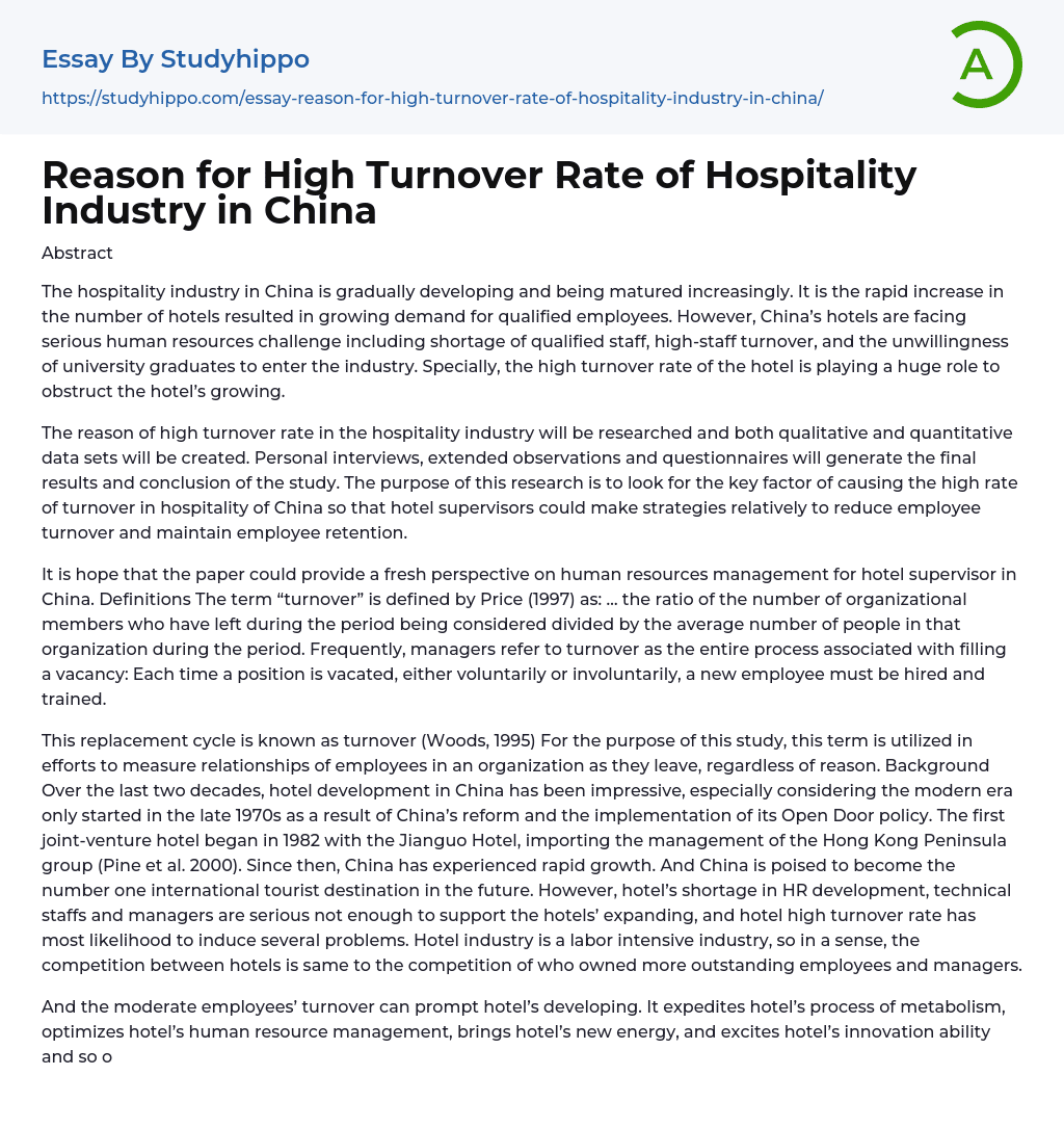 Reason for High Turnover Rate of Hospitality Industry in China Essay Example