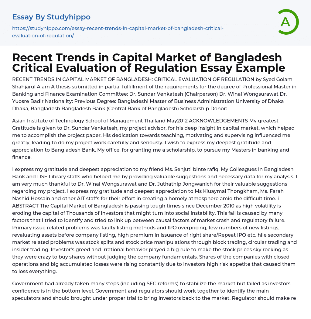 Recent Trends in Capital Market of Bangladesh Critical Evaluation of Regulation Essay Example