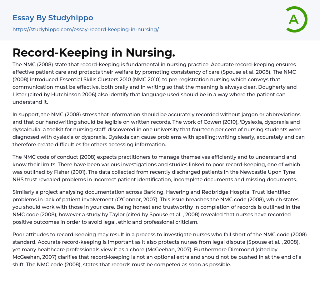 Record-Keeping in Nursing. Essay Example