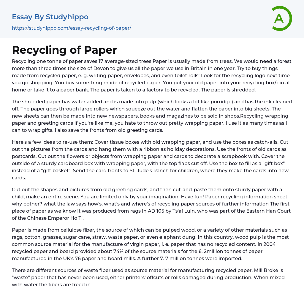 Recycling of Paper Essay Example
