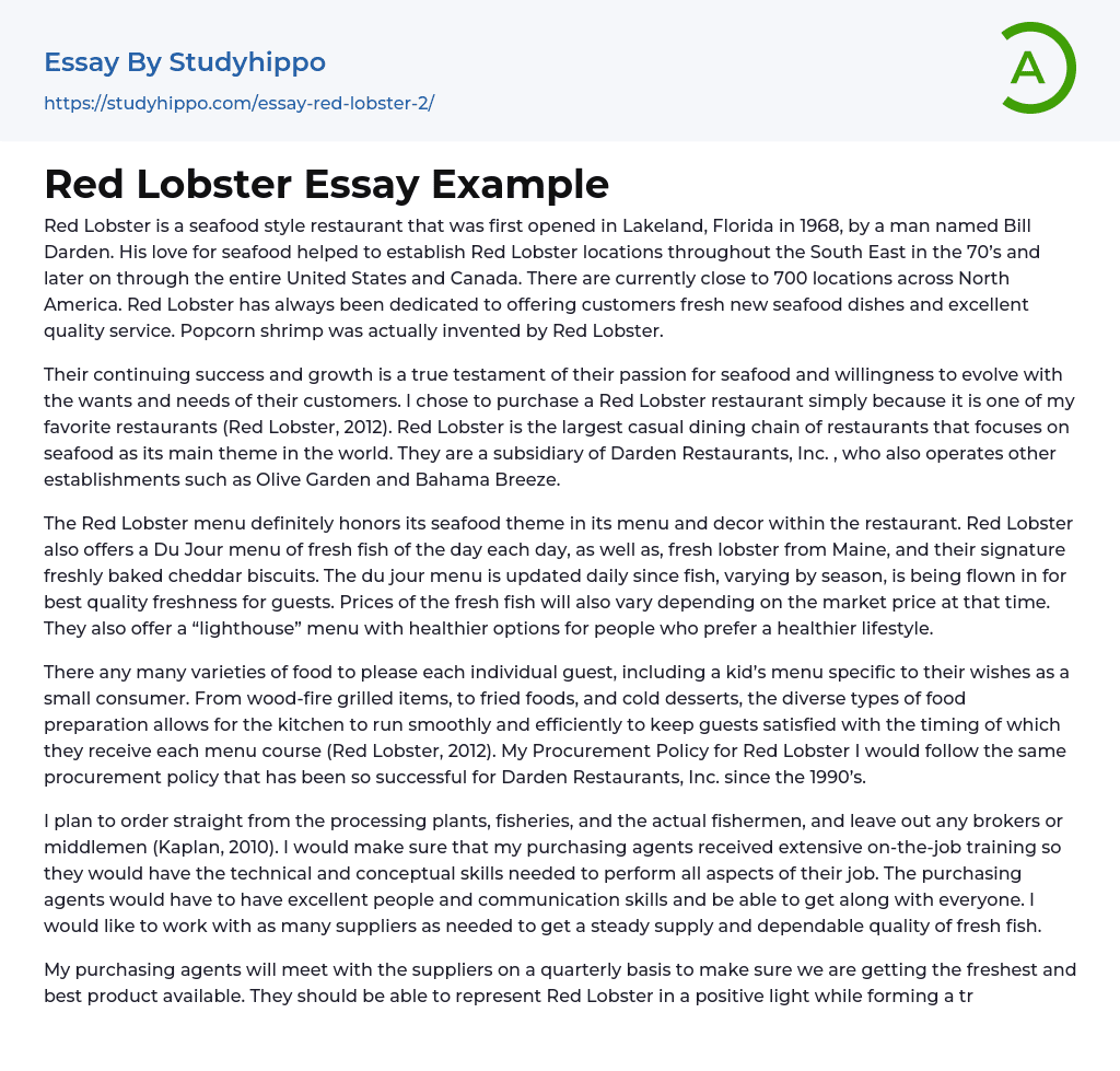 Red Lobster Essay Example