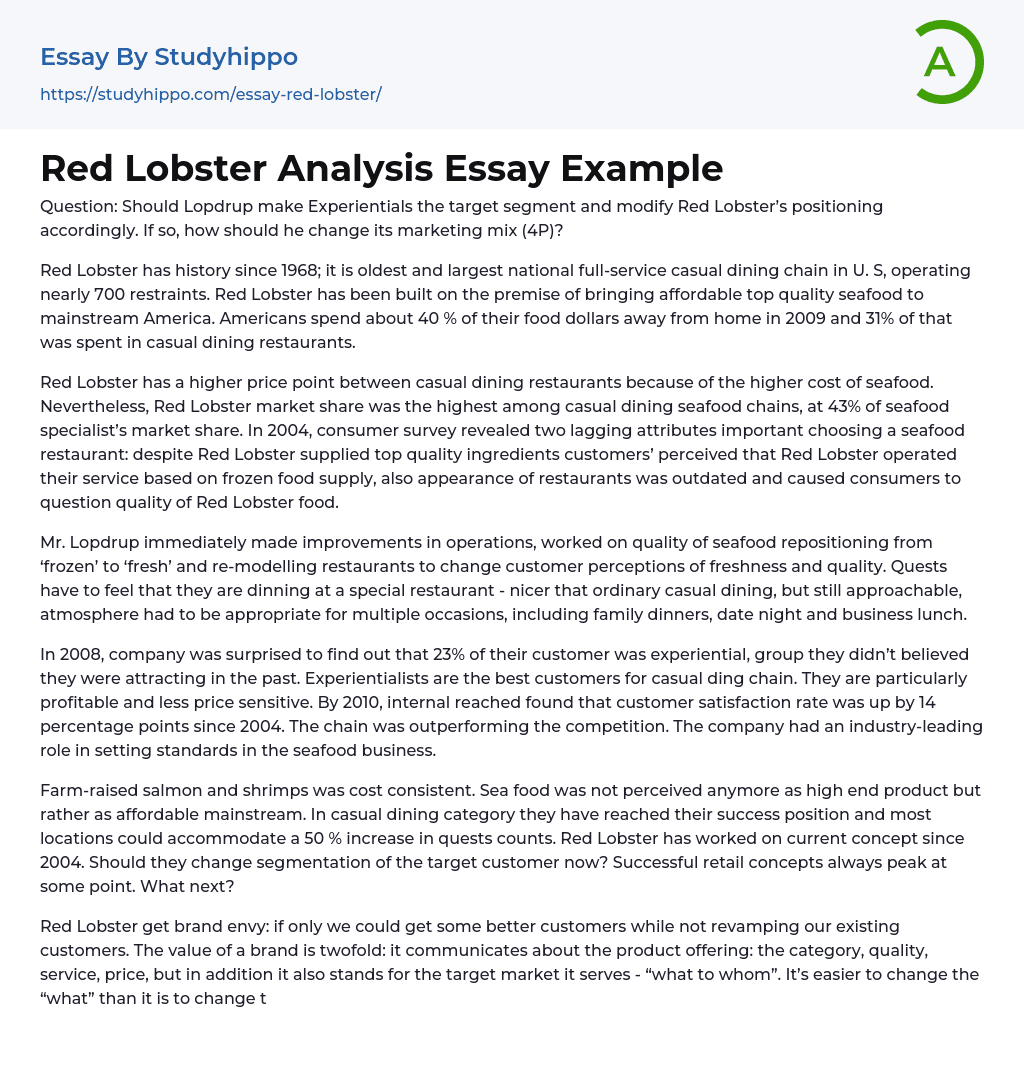 Red Lobster Analysis Essay Example