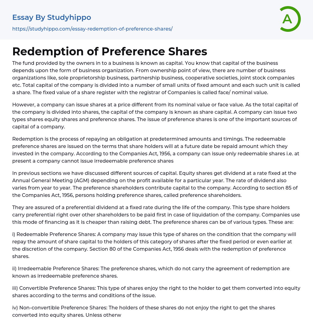 Redemption of Preference Shares Essay Example