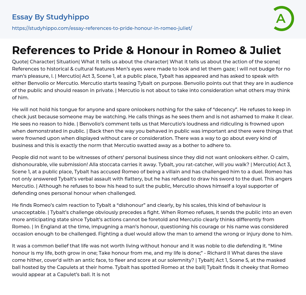 References to Pride & Honour in Romeo & Juliet Essay Example