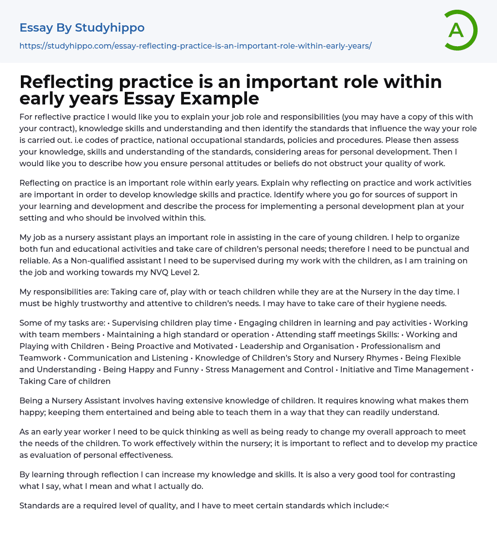 Reflecting practice is an important role within early years Essay Example