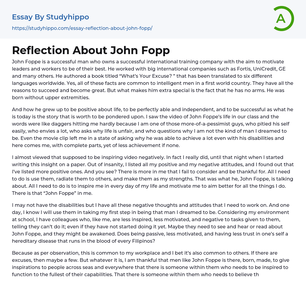 Reflection About John Fopp Essay Example