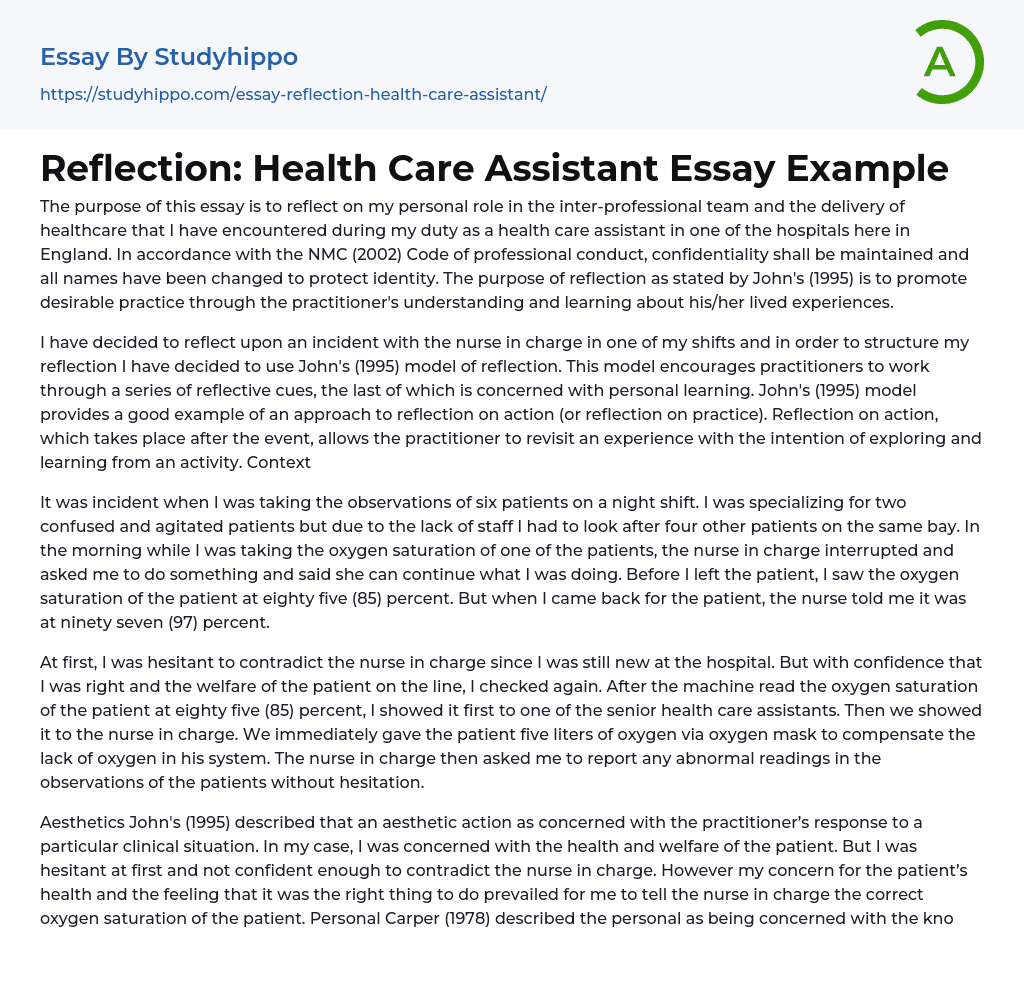 Reflection: Health Care Assistant Essay Example