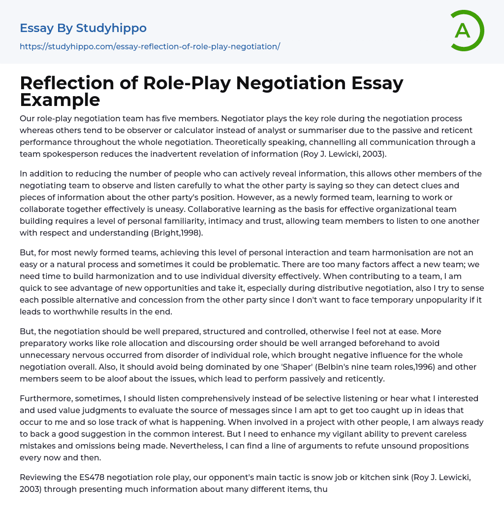 Reflection of Role-Play Negotiation Essay Example