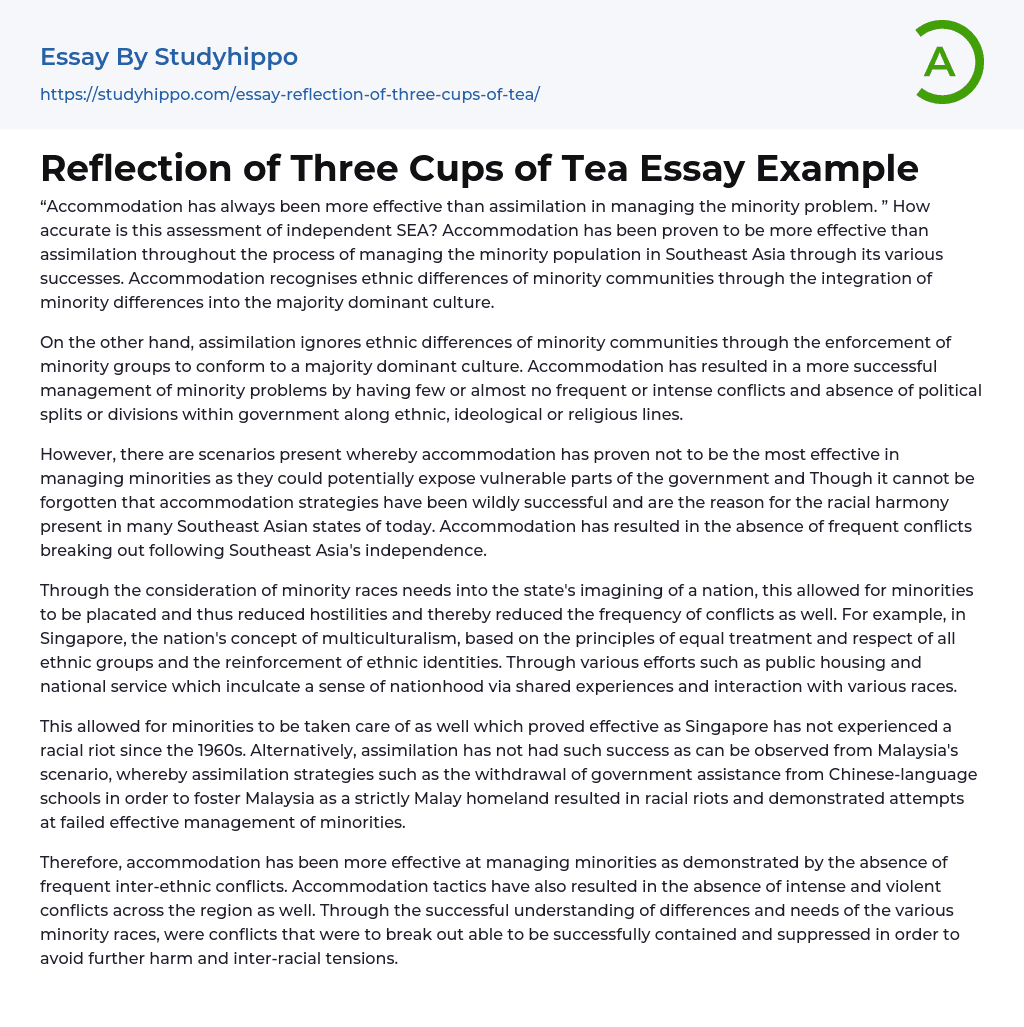 Reflection of Three Cups of Tea Essay Example