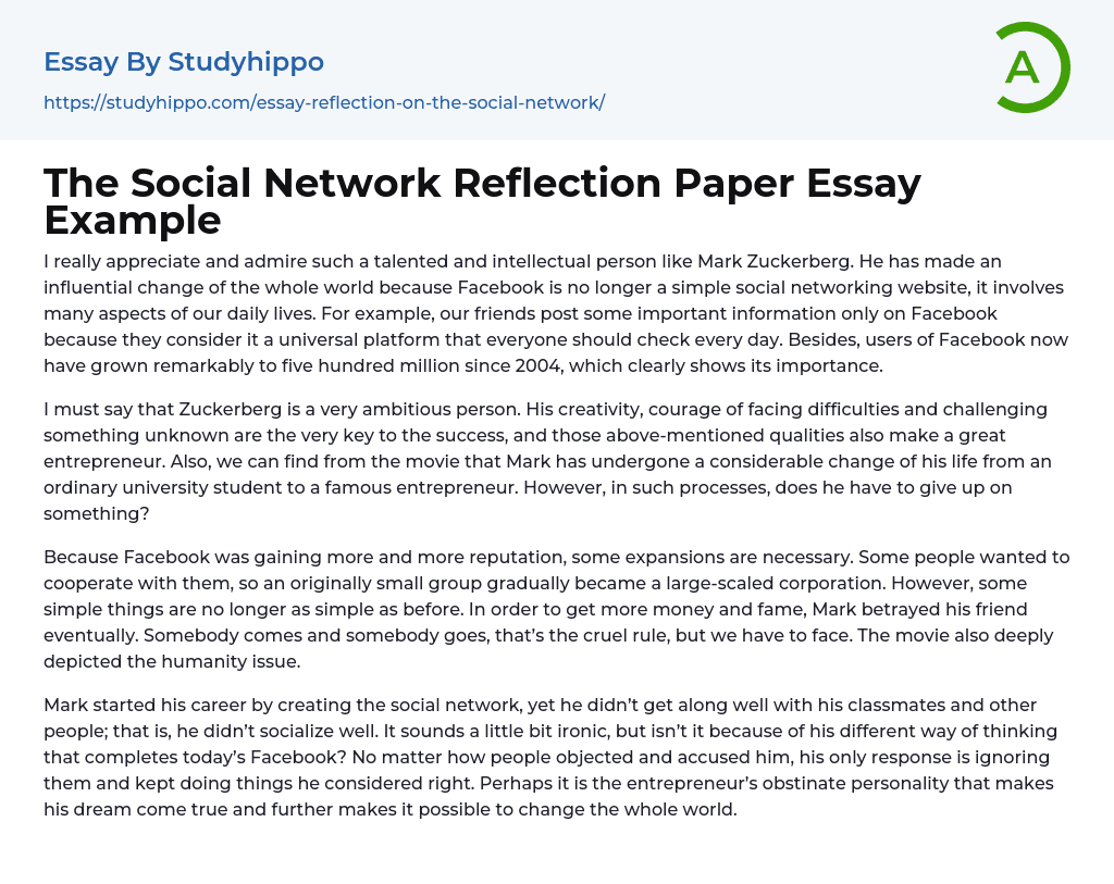 The Social Network Reflection Paper Essay Example