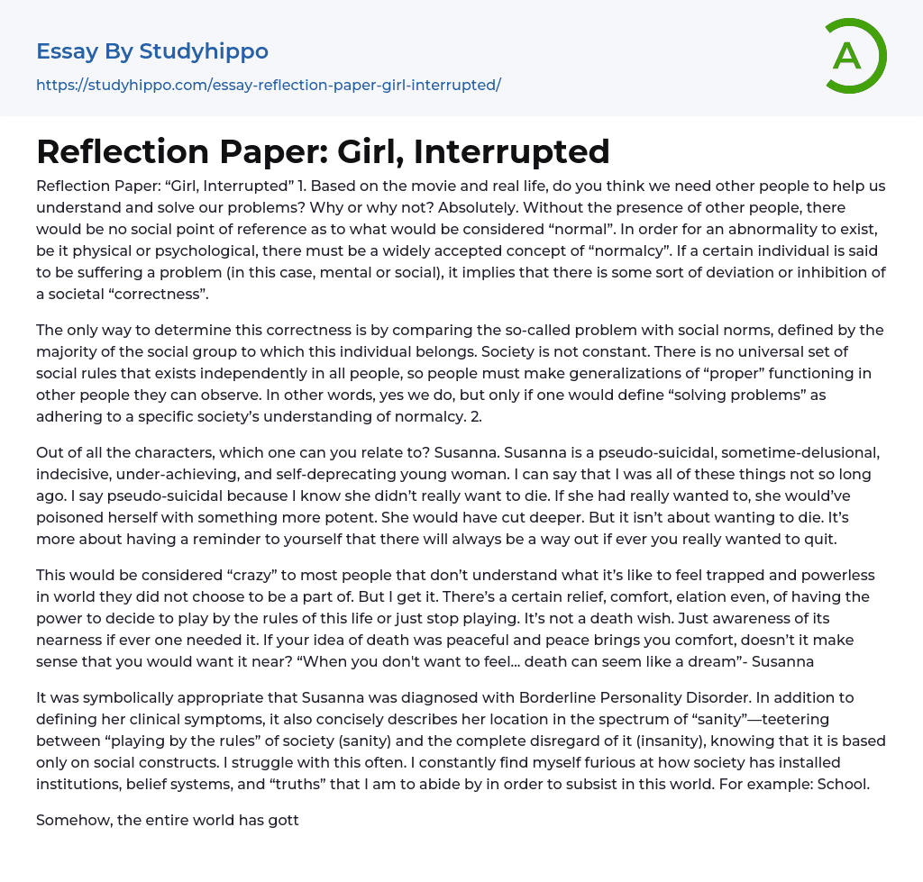 Reflection Paper: Girl, Interrupted Essay Example