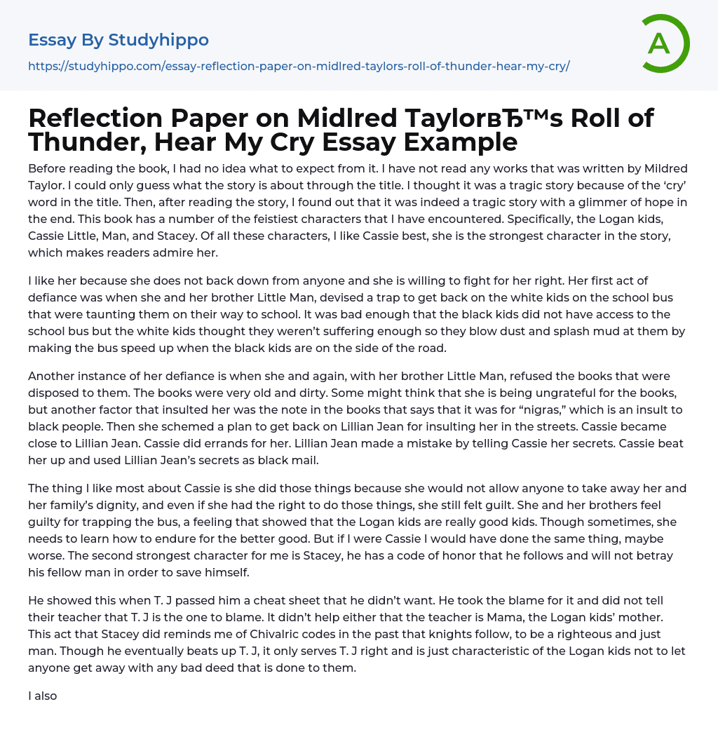 Reflection Paper on Midlred Taylor’s Roll of Thunder, Hear My Cry Essay Example