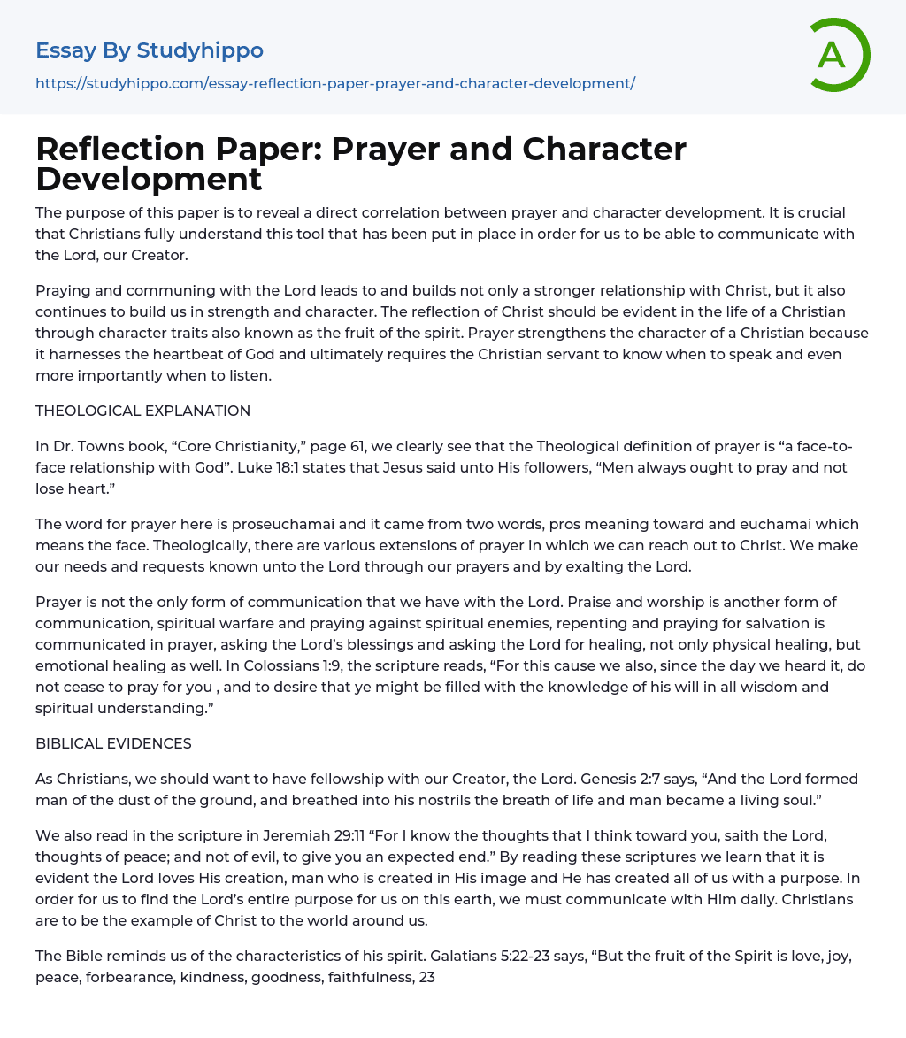 Reflection Paper: Prayer and Character Development Essay Example