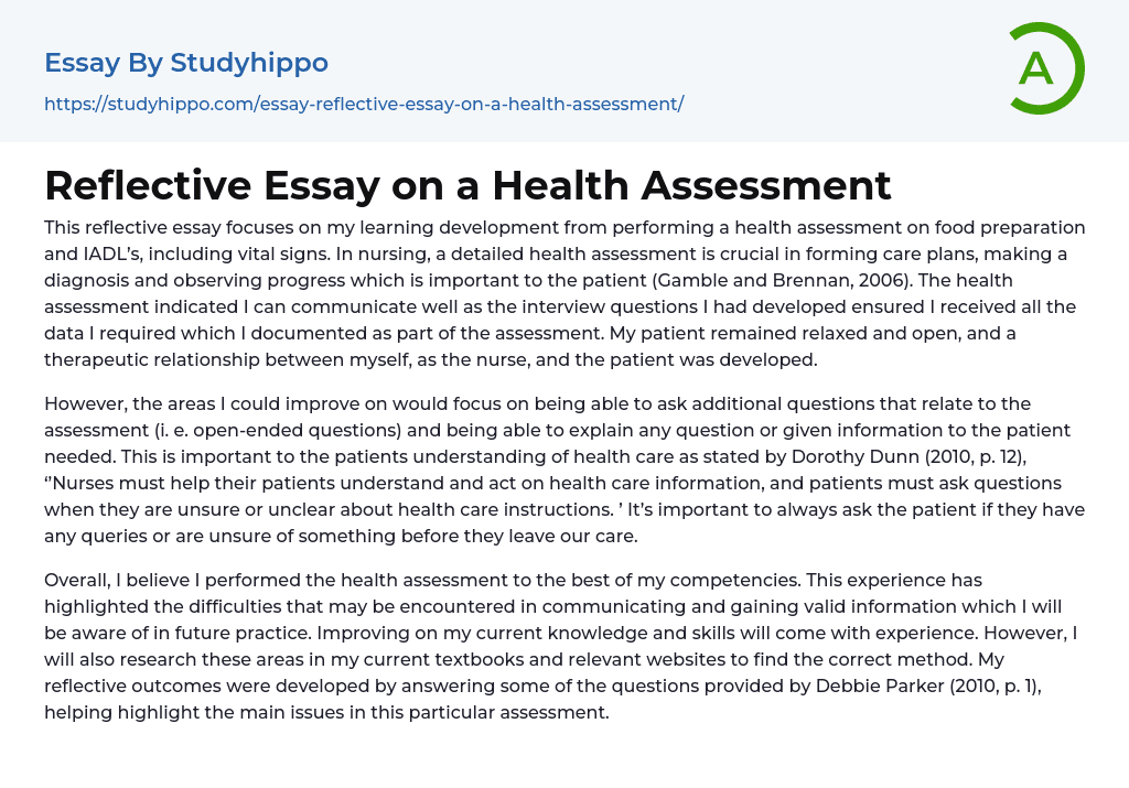 Reflective Essay on a Health Assessment