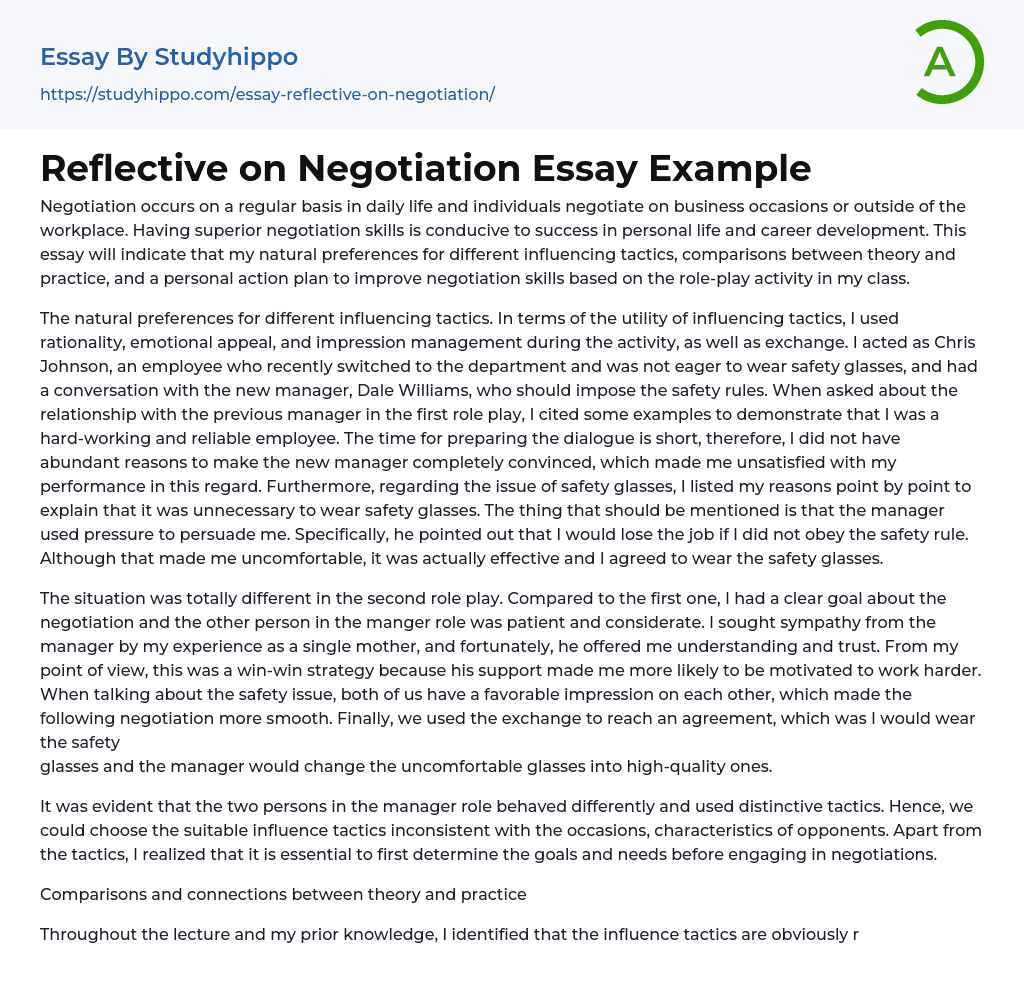 Reflective on Negotiation Essay Example