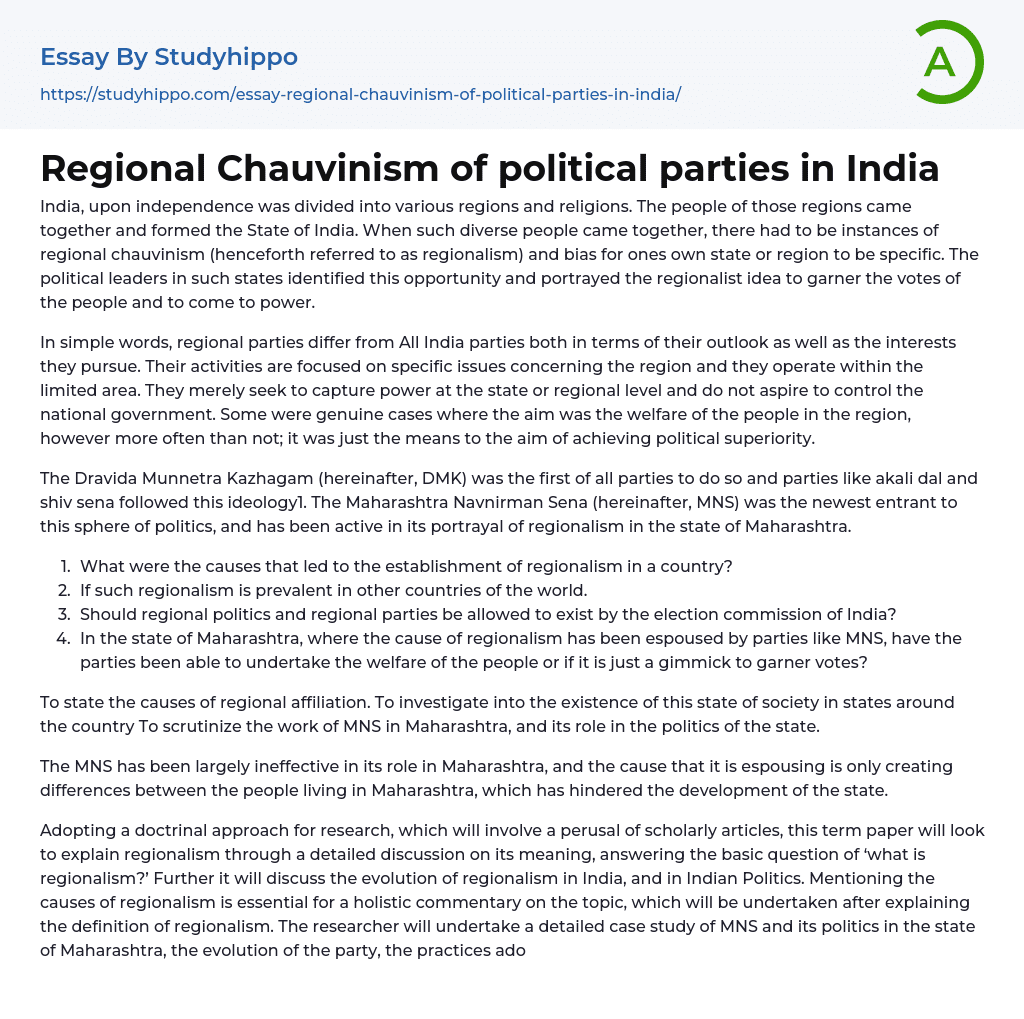 Regional Chauvinism of political parties in India Essay Example