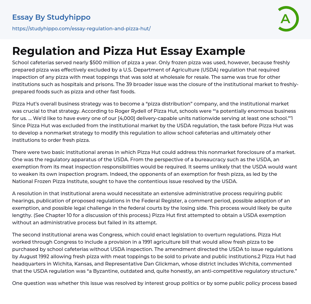 Regulation and Pizza Hut Essay Example