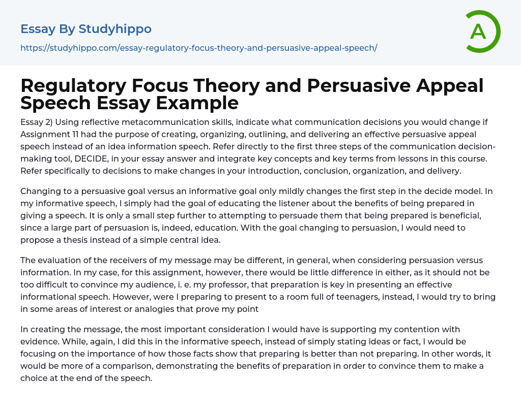 Regulatory Focus Theory and Persuasive Appeal Speech Essay Example