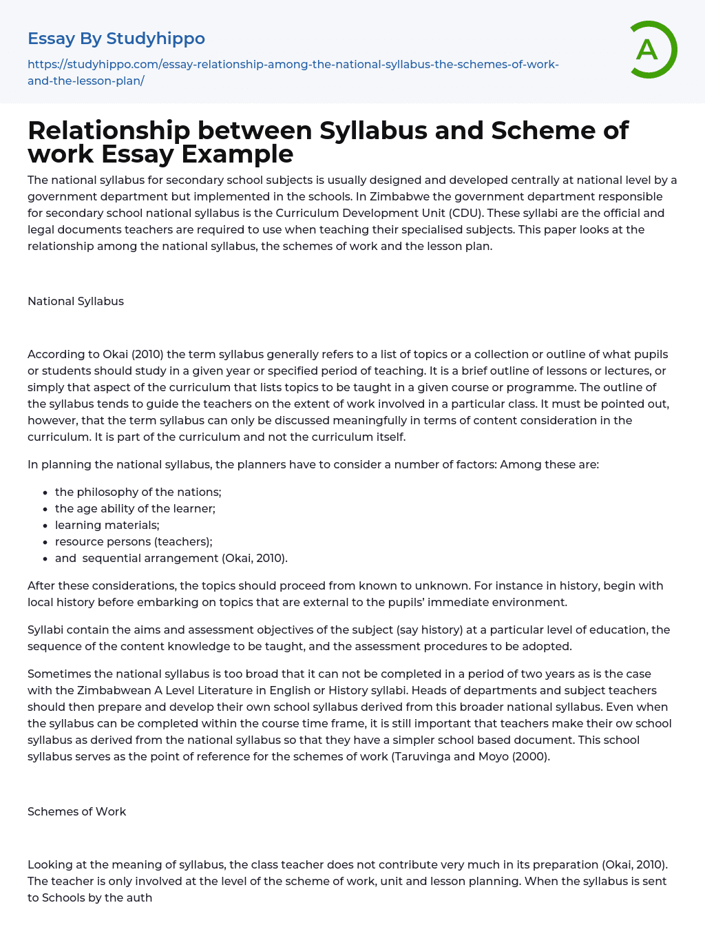 Relationship between Syllabus and Scheme of work Essay Example