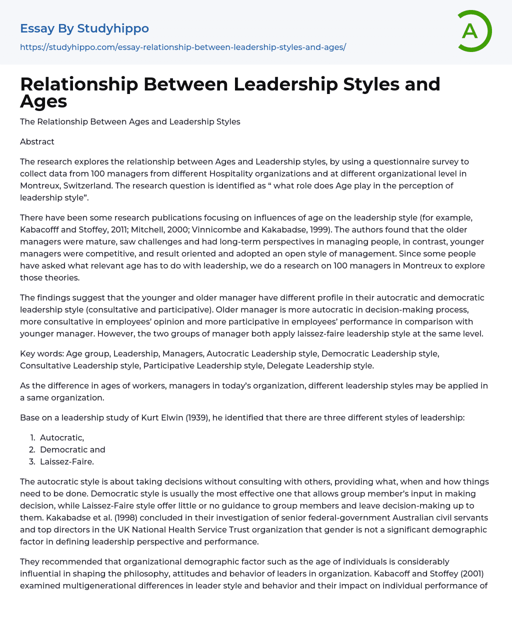 Relationship Between Leadership Styles and Ages Essay Example
