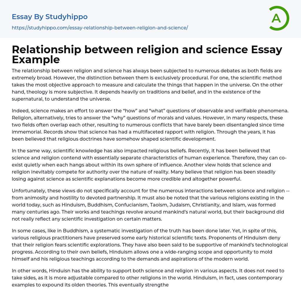 Relationship between religion and science Essay Example