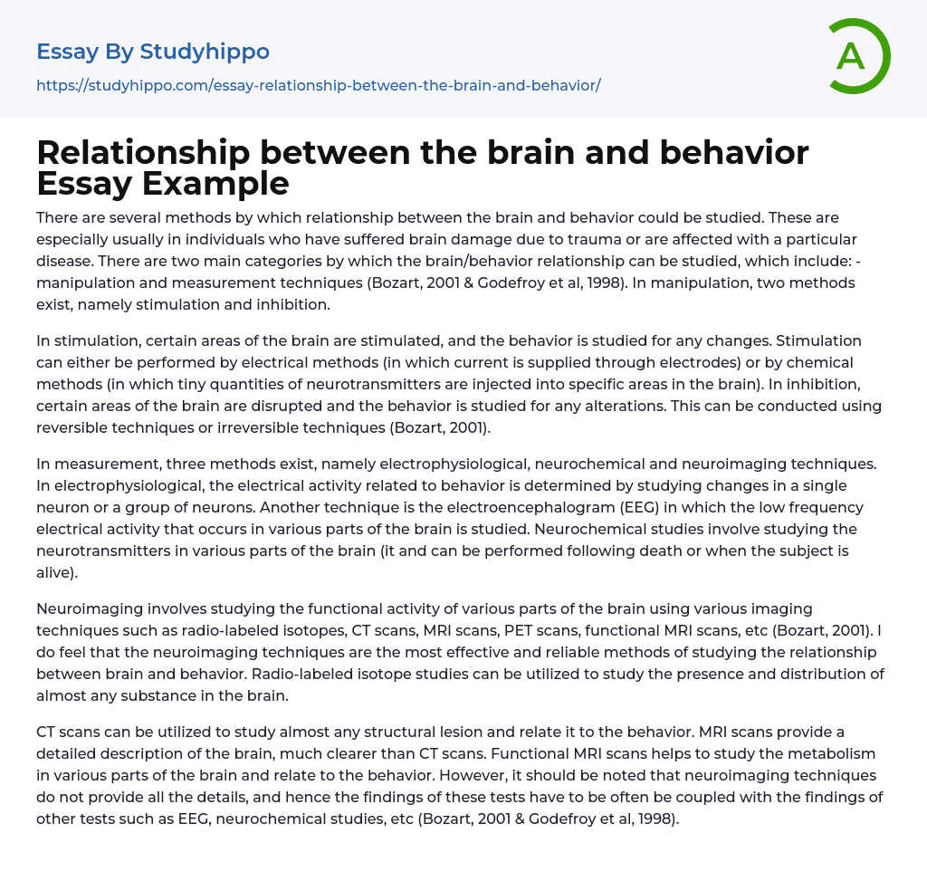 Relationship between the brain and behavior Essay Example