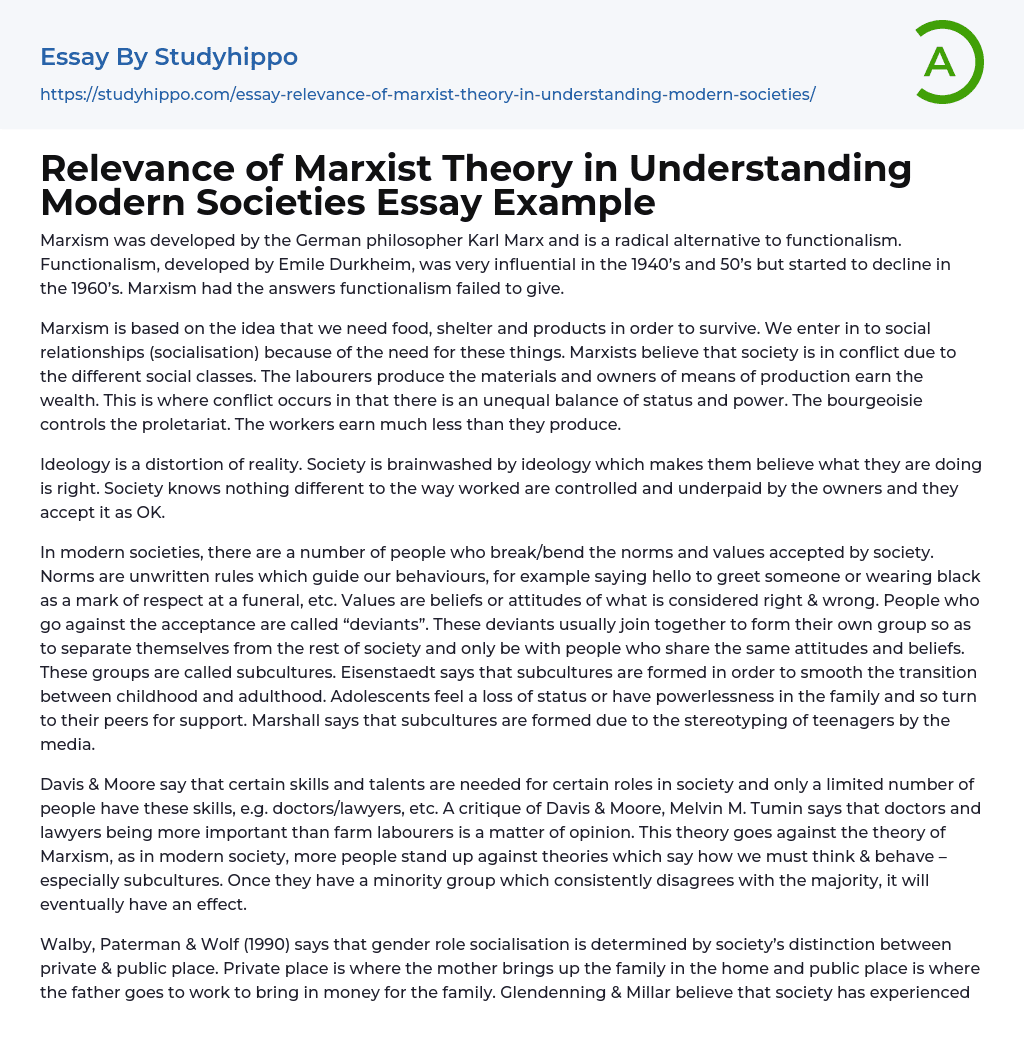 Relevance of Marxist Theory in Understanding Modern Societies Essay Example