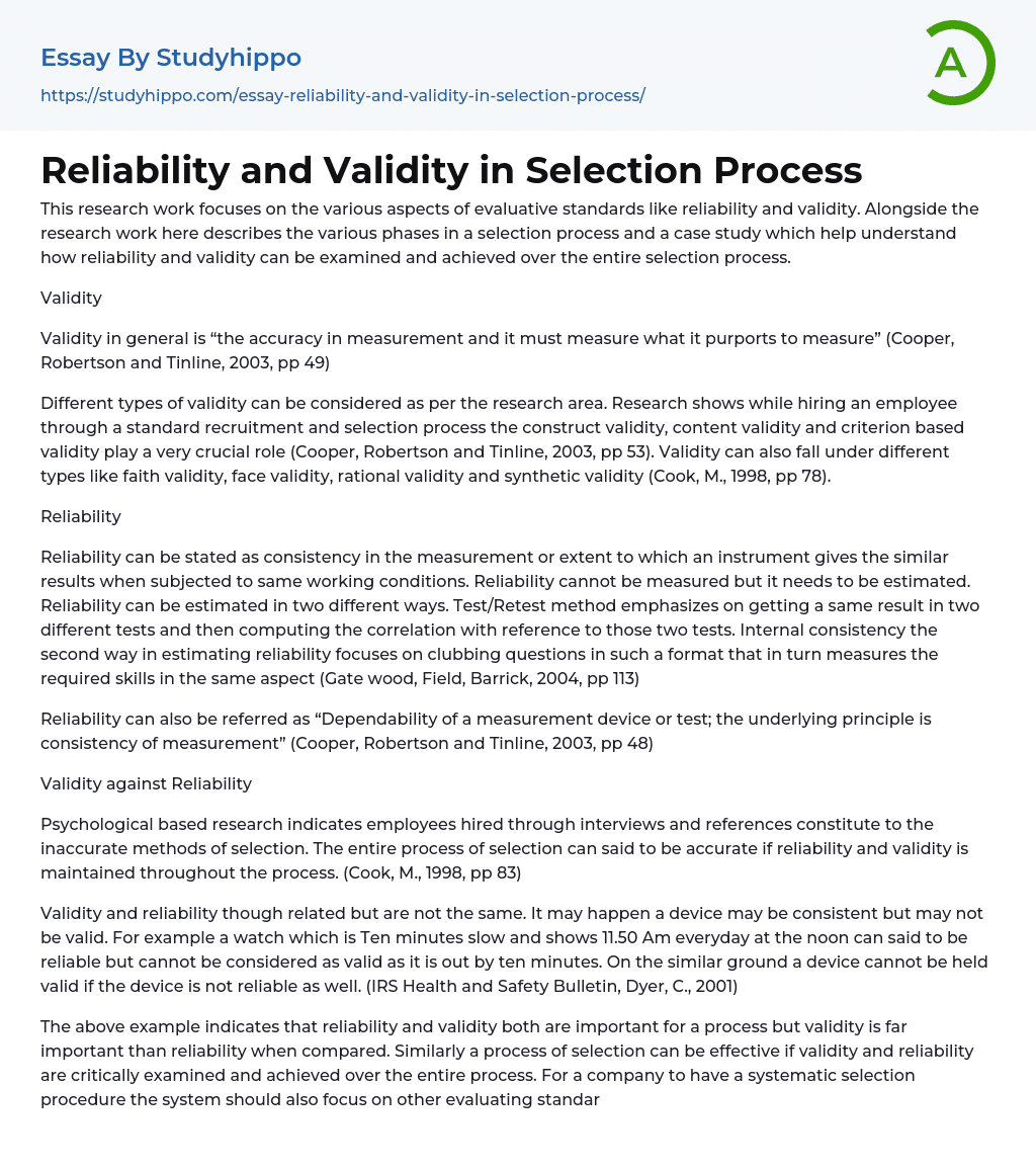 Reliability and Validity in Selection Process Essay Example