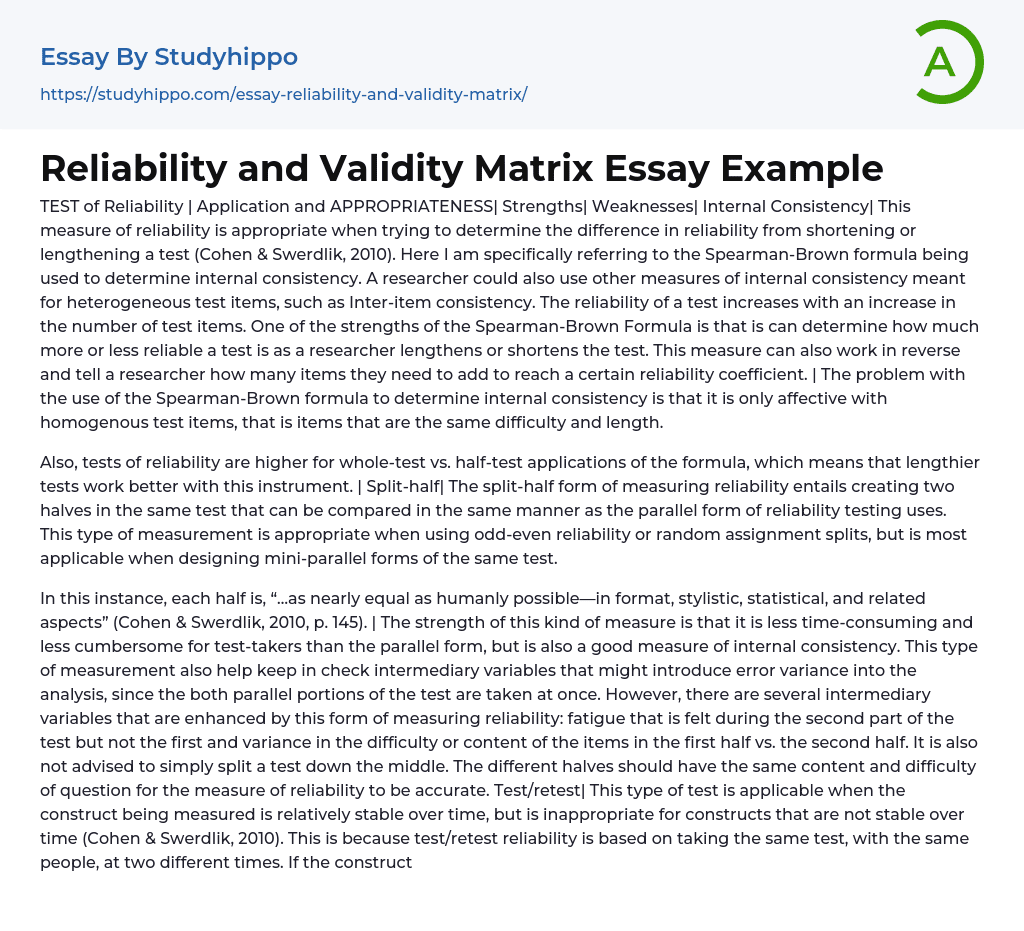 Reliability and Validity Matrix Essay Example