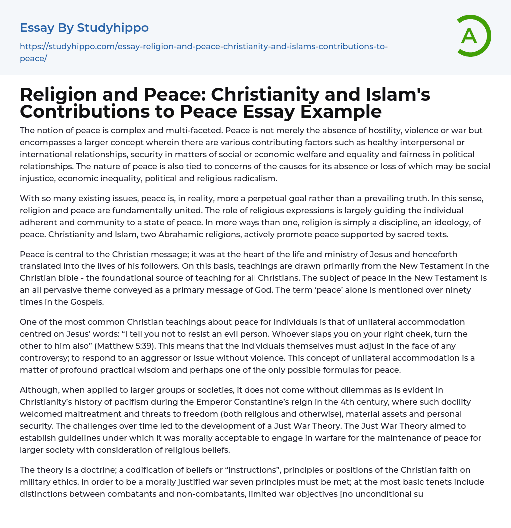 Religion and Peace: Christianity and Islam’s Contributions to Peace Essay Example
