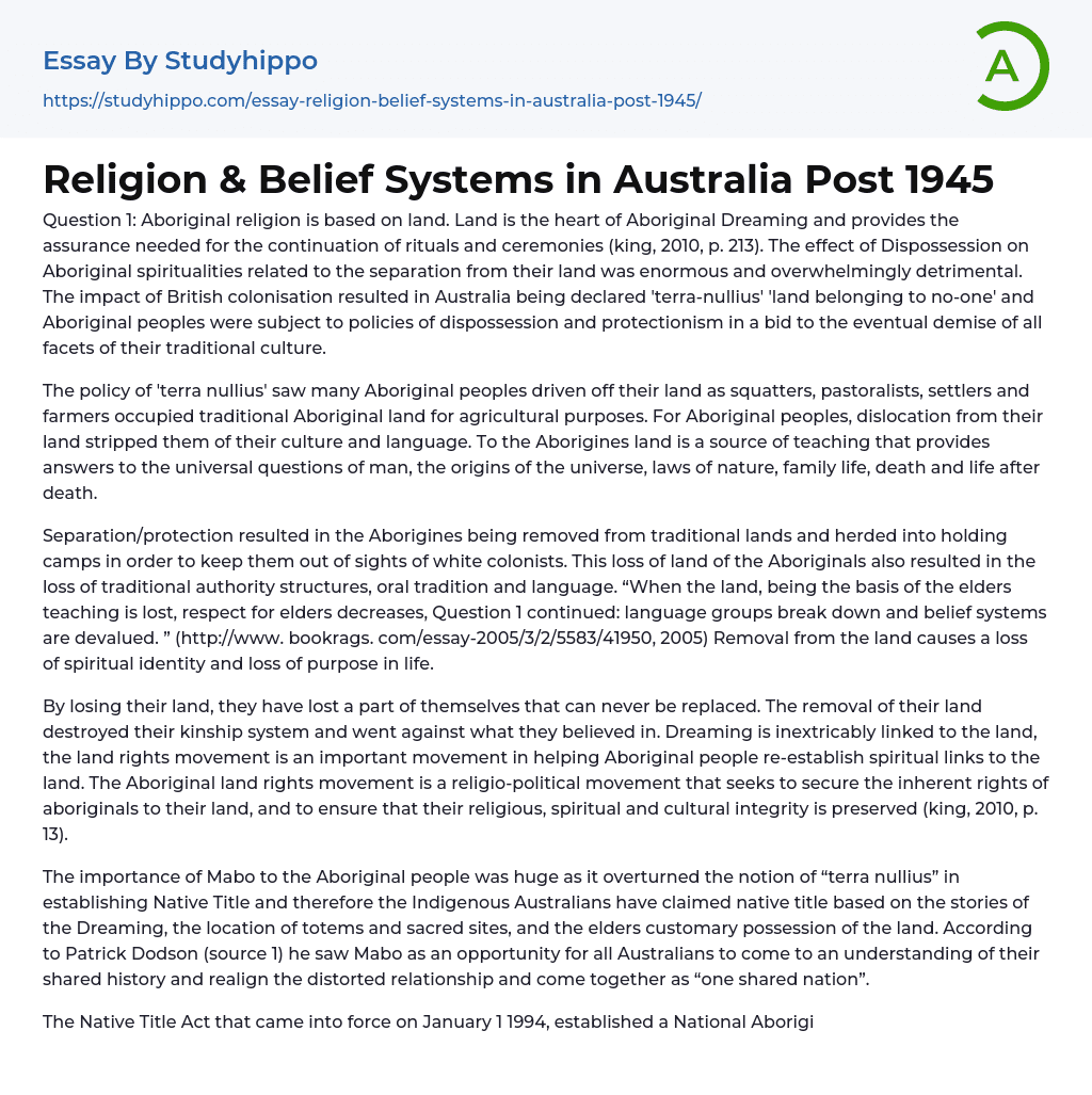 Religion Belief Systems in Australia Post 1945 Essay Example