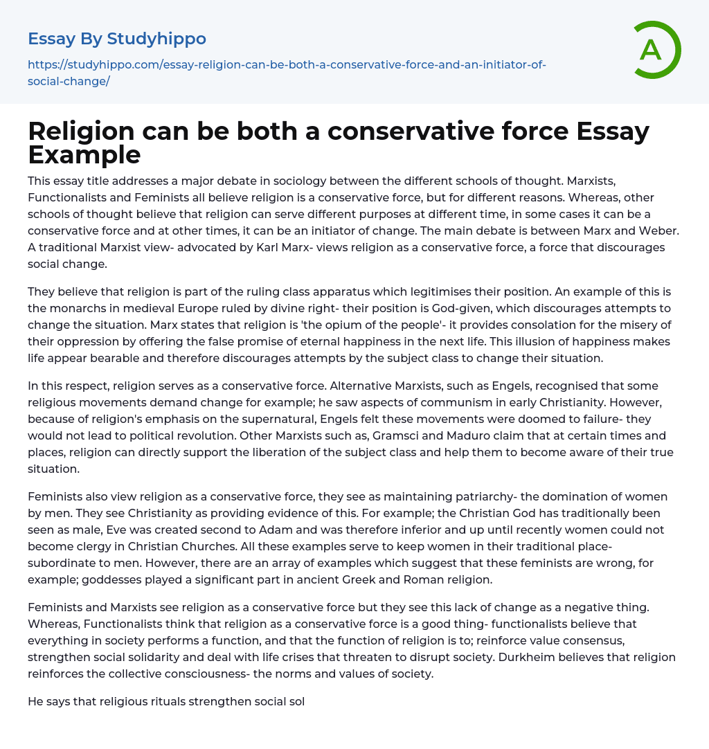 Religion can be both a conservative force Essay Example