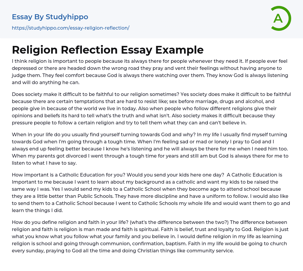 Religion Reflection Essay Example