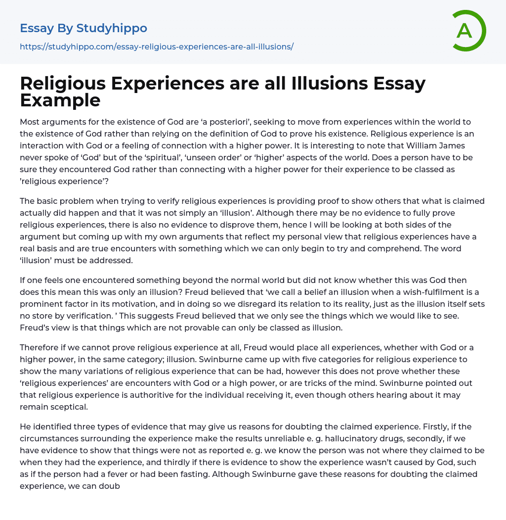 Religious Experiences are all Illusions Essay Example