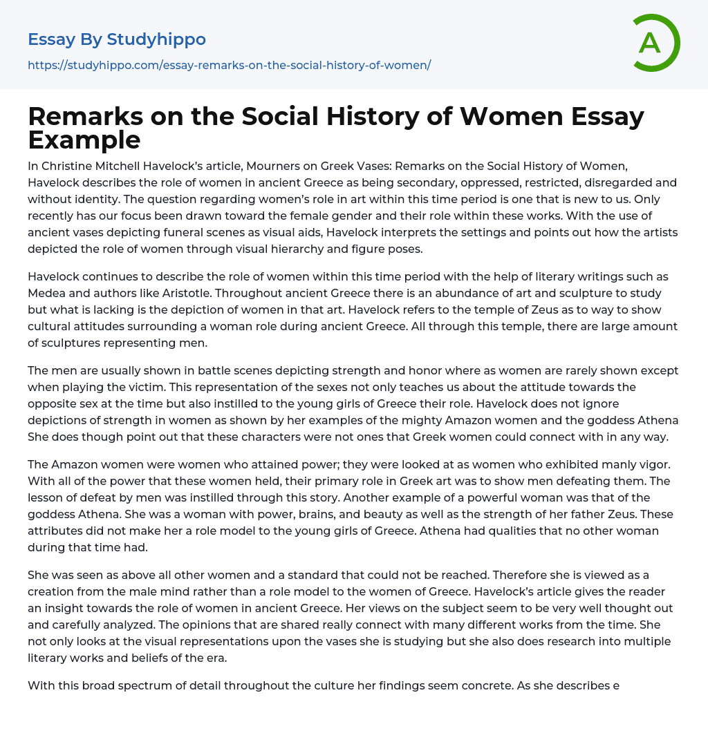 Remarks on the Social History of Women Essay Example