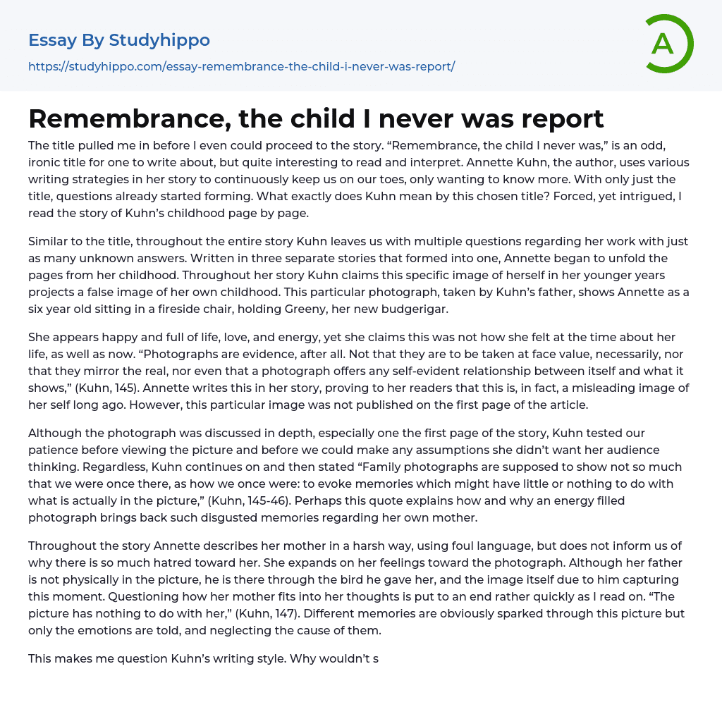 Remembrance, the child I never was report Essay Example