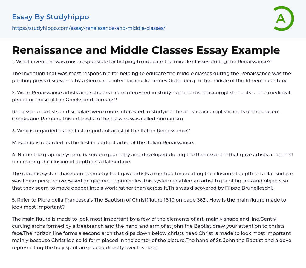 Renaissance and Middle Classes Essay Example