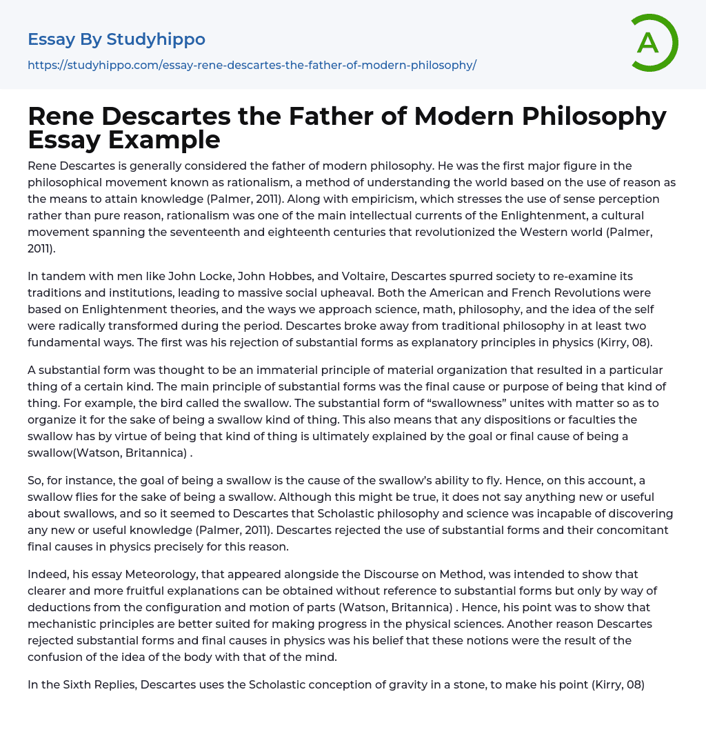 Rene Descartes the Father of Modern Philosophy Essay Example