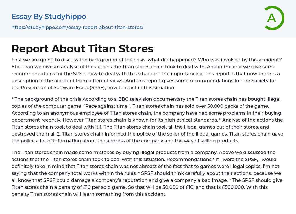 Report About Titan Stores Essay Example