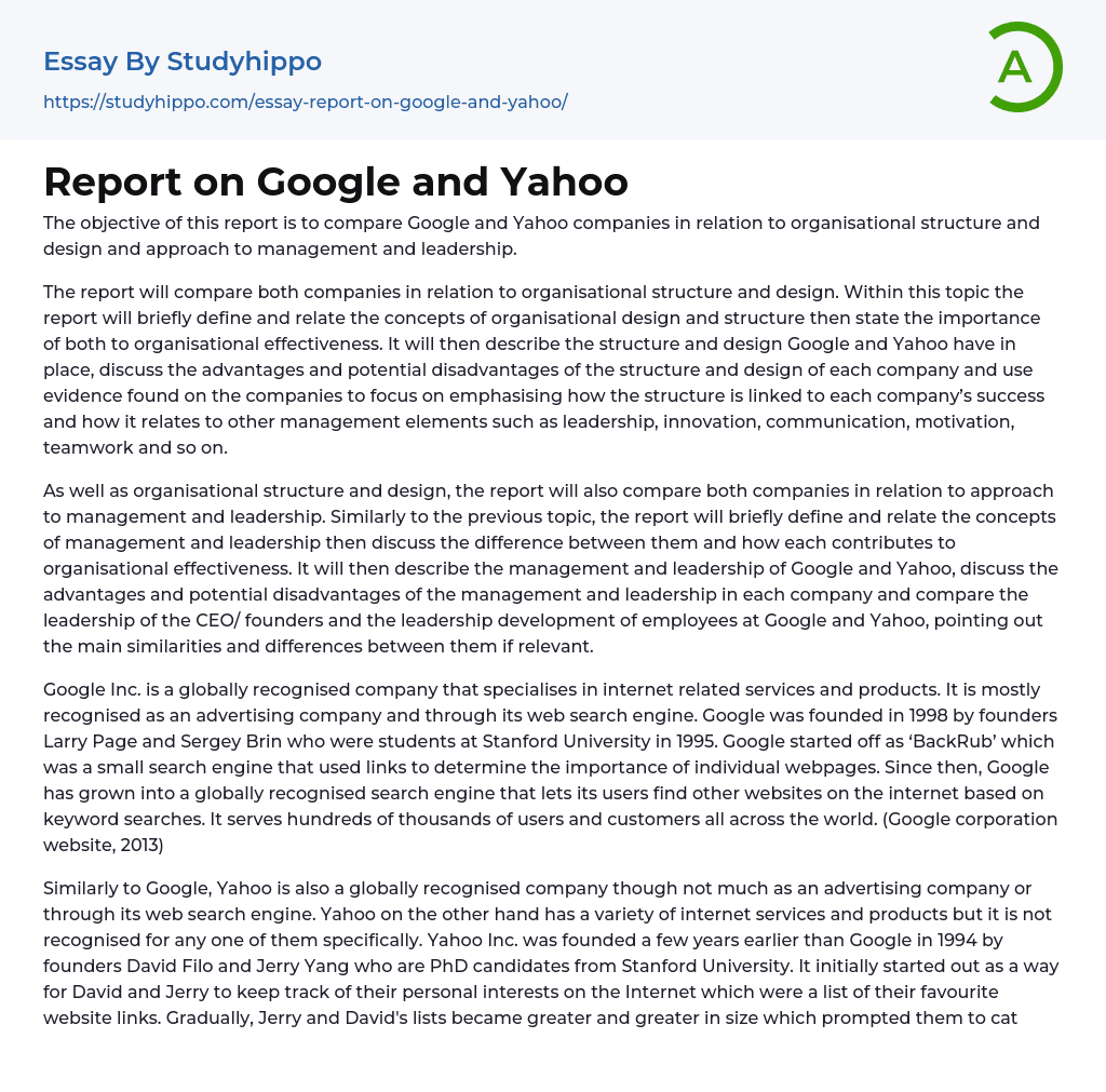 Report on Google and Yahoo Essay Example