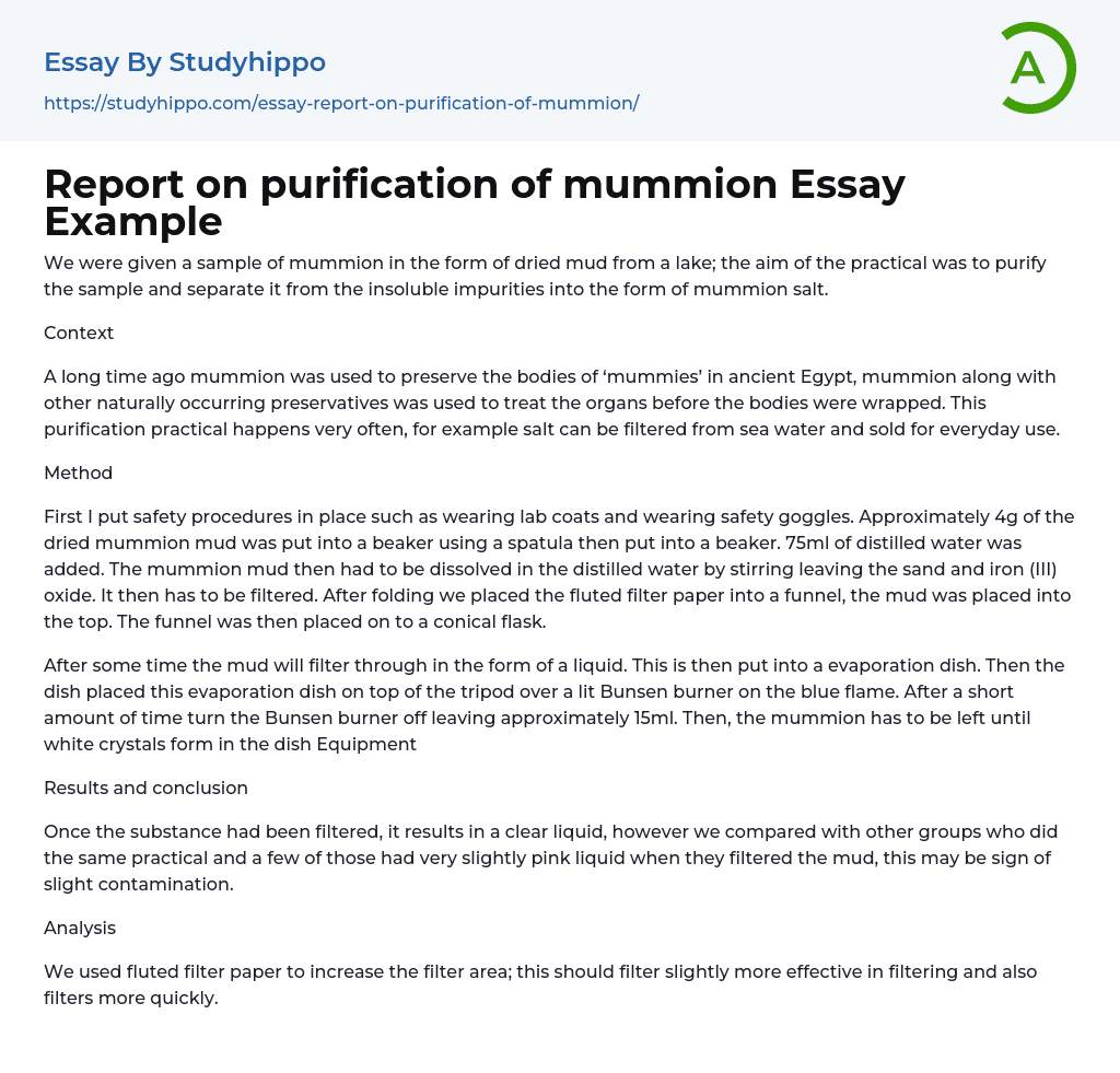 Report on purification of mummion Essay Example