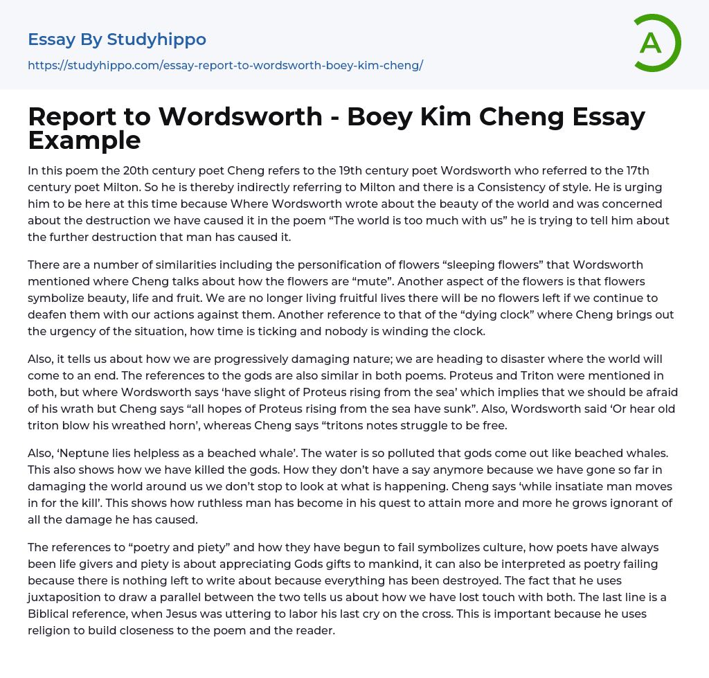 Report to Wordsworth – Boey Kim Cheng Essay Example