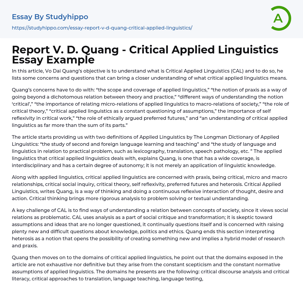 Report V. D. Quang – Critical Applied Linguistics Essay Example