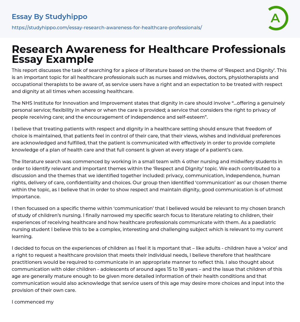 Research Awareness for Healthcare Professionals Essay Example