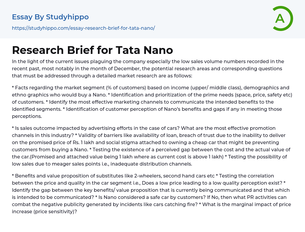 Research Brief for Tata Nano Essay Example