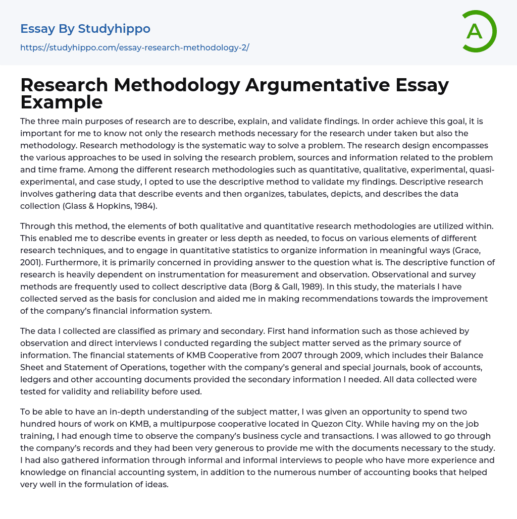 Research Methodology Argumentative Essay Example