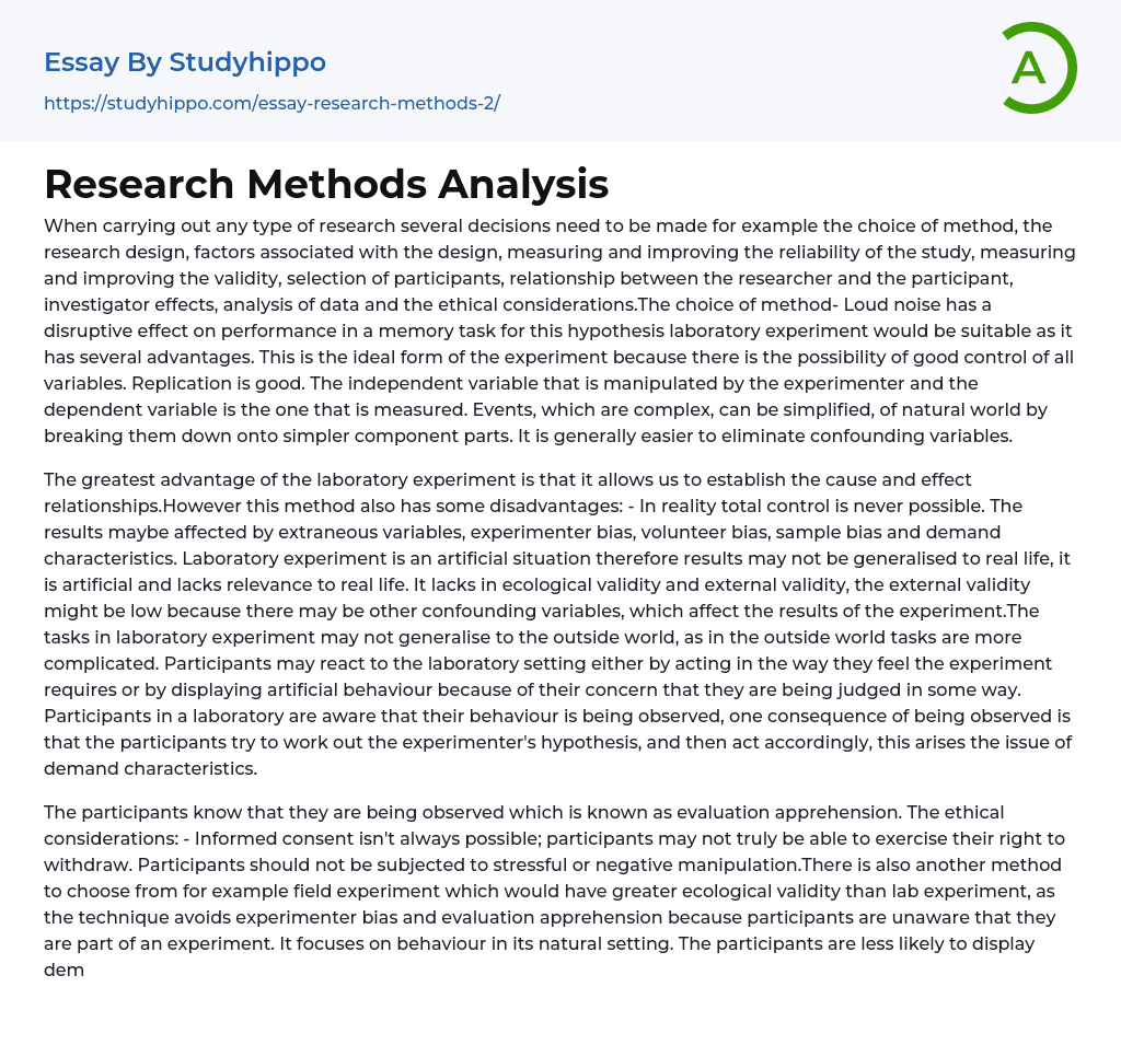 Research Methods Analysis Essay Example