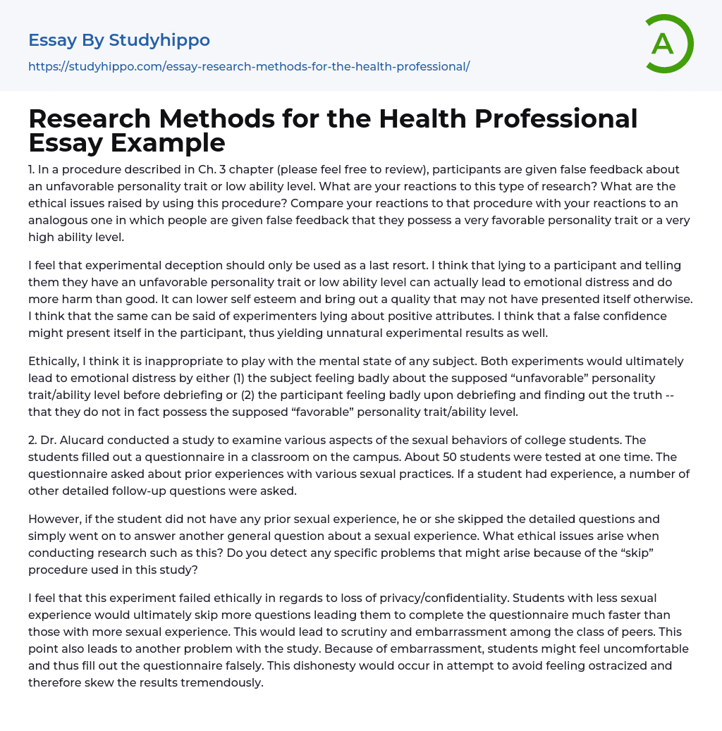 Research Methods for the Health Professional Essay Example