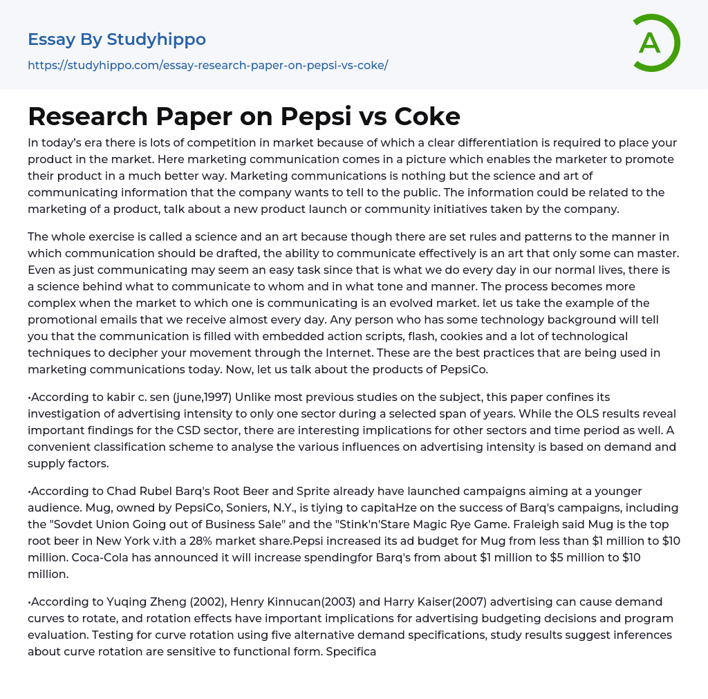 Research Paper on Pepsi vs Coke Essay Example