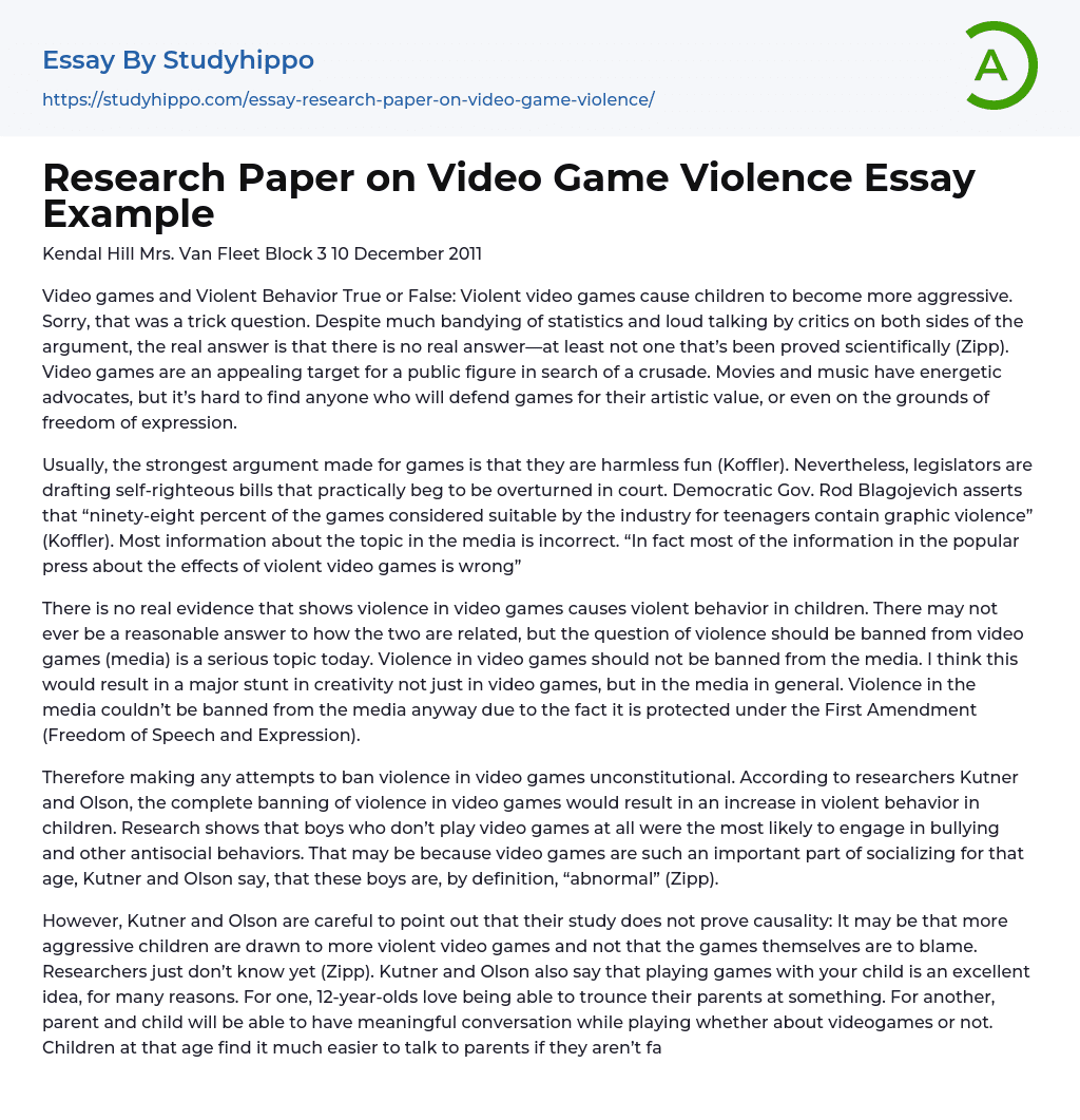 Research Paper on Video Game Violence Essay Example